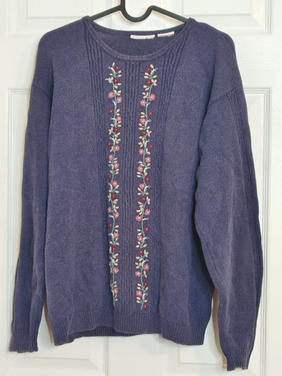 None Sweaters - Embroidered Floral Crew Neck Navy Blue Knit Sweater Size M/L